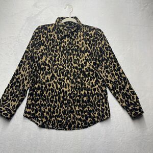 Halogen Button Front Shirt Women's Petite Small Leopard Print Blouse Career Work
